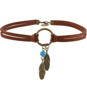 Bohemian Tan Leather Choker Necklace with Feather Accent